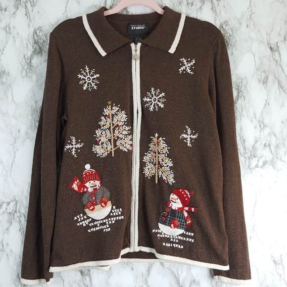 Vintage Sweaters - 🌸 Vintage Brown Ugly Christmas Sweater Cardi S80